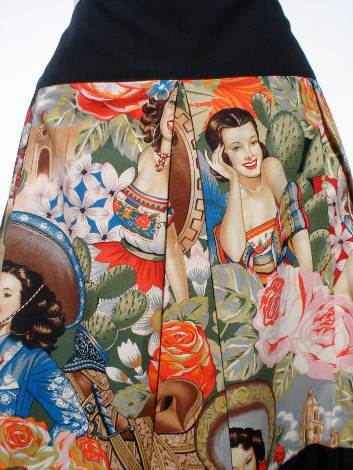 "Riding Shotgun" Mexican Senoritas Skirt, Close up of fabric print, Images of Western Mexican Vintage Gals wearing traditional Mexican clothing
