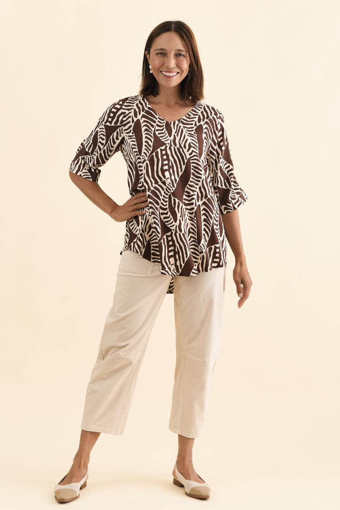 Riveria Brown Leaf V Neck Top