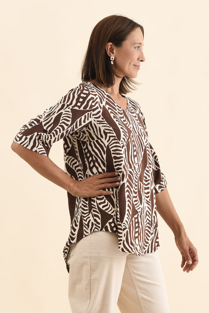 Riveria Brown Leaf V Neck Top