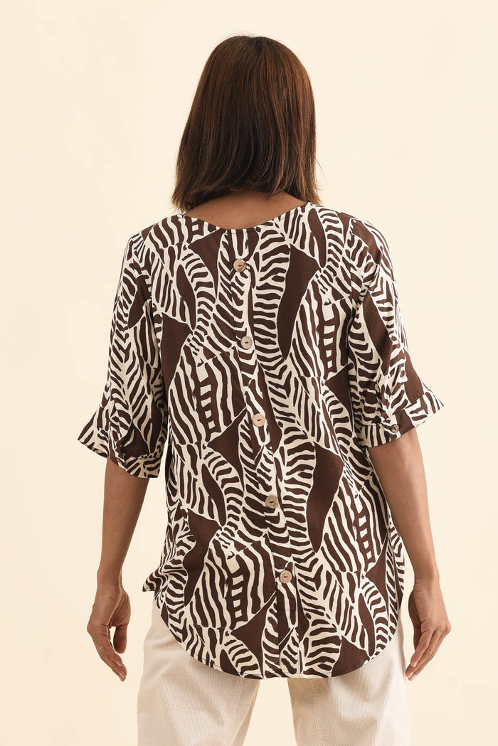 Riveria Brown Leaf V Neck Top