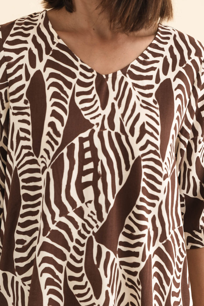 Riveria Brown Leaf V Neck Top