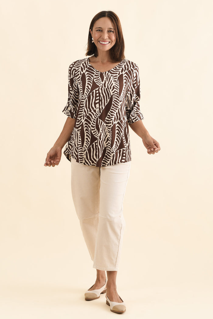 Riveria Brown Leaf V Neck Top