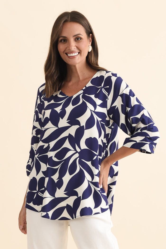 Riveria Navy Leaf V Neck Top,Brunette model,alt text|model:MJ