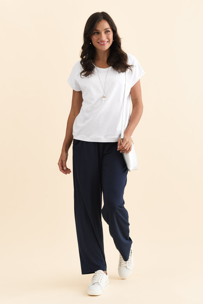 Rosella Navy Bamboo Pants,Brunette model,alt text|model:Brontie