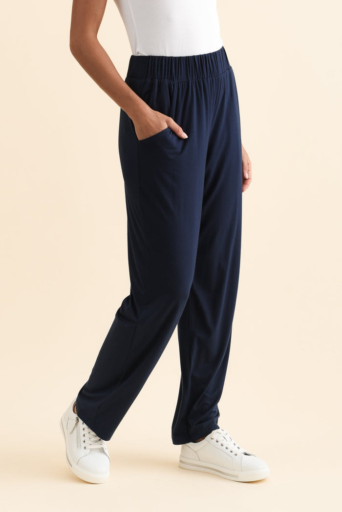 Rosella Navy Bamboo Pants,Brunette model,alt text|model:Brontie