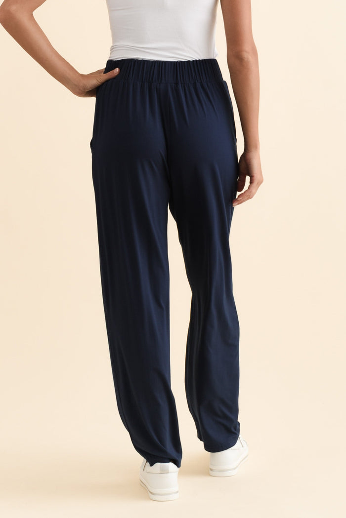 Rosella Navy Bamboo Pants,Brunette model,alt text|model:Brontie