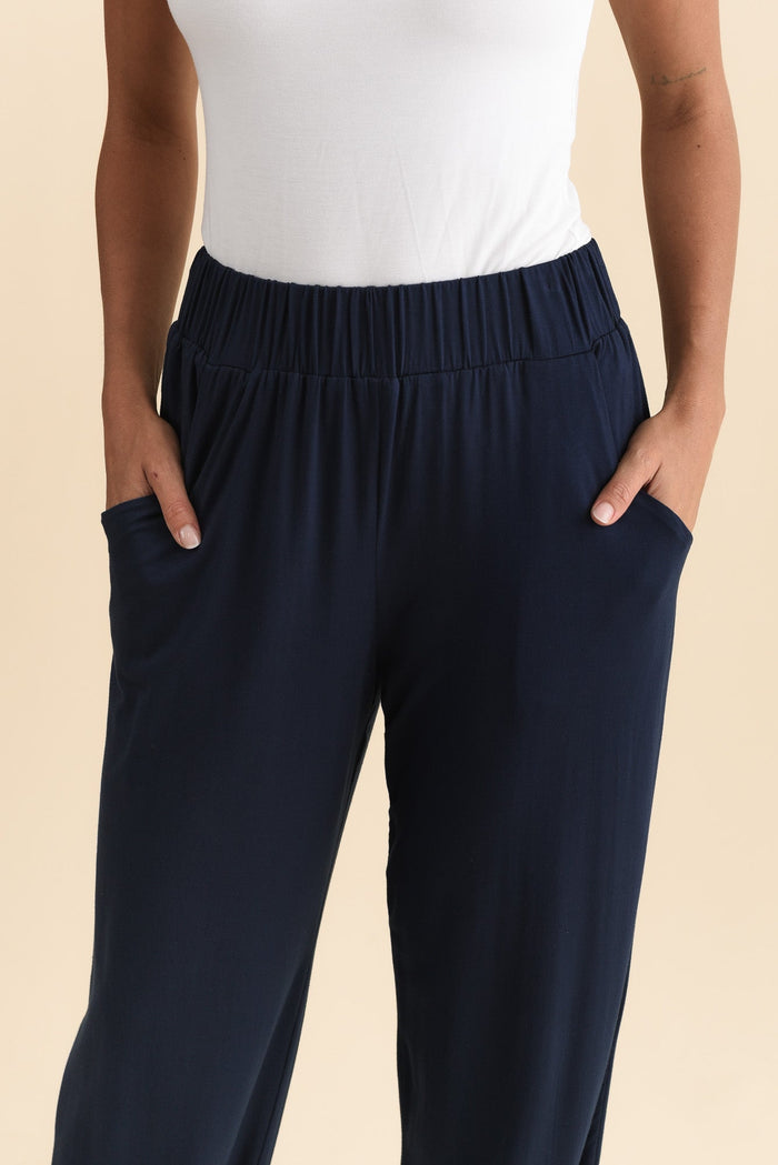 Rosella Navy Bamboo Pants,Brunette model,alt text|model:Brontie