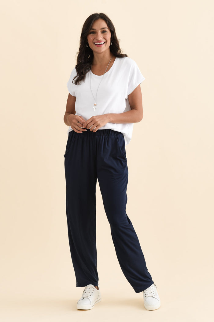 Rosella Navy Bamboo Pants,Brunette model,alt text|model:Brontie