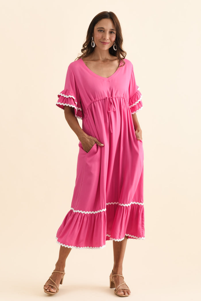 Rosemarie Pink Contrast Frill Dress,Brunette model,alt text|model:Cara
