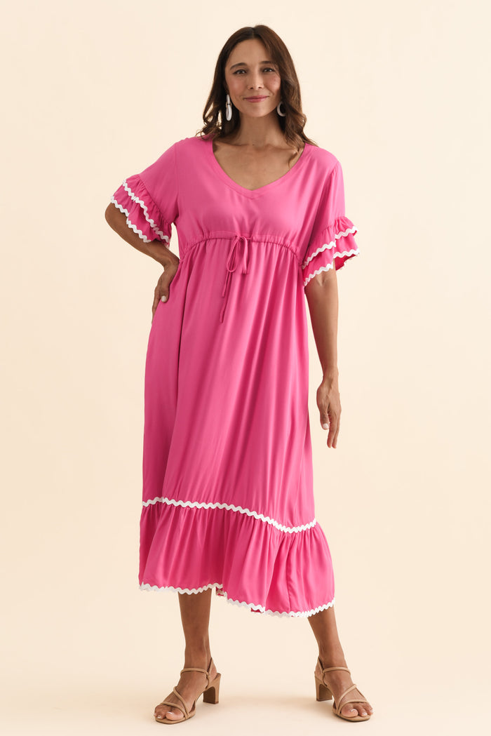 Rosemarie Pink Contrast Frill Dress,Brunette model,alt text|model:Cara