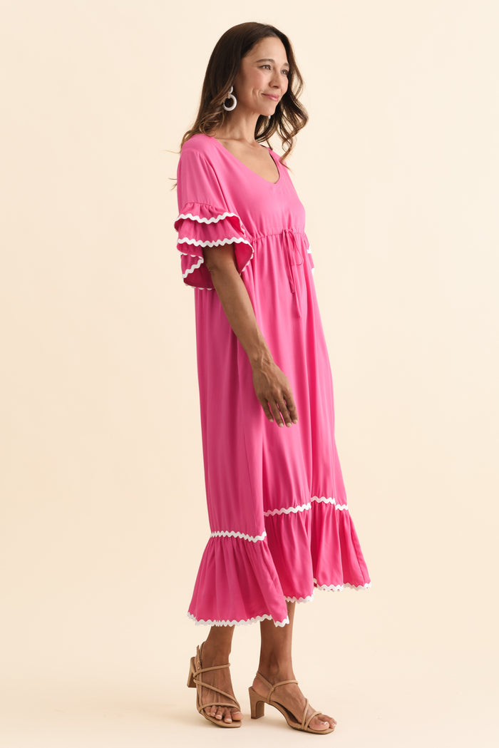 Rosemarie Pink Contrast Frill Dress,Brunette model,alt text|model:Cara