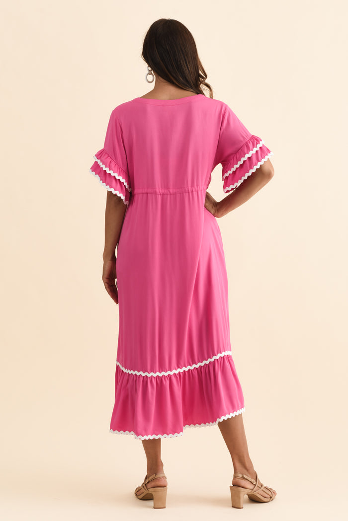 Rosemarie Pink Contrast Frill Dress,Brunette model,alt text|model:Cara