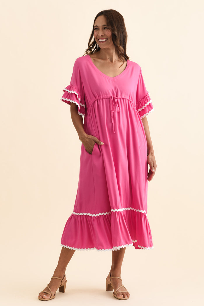 Rosemarie Pink Contrast Frill Dress,Brunette model,alt text|model:Cara