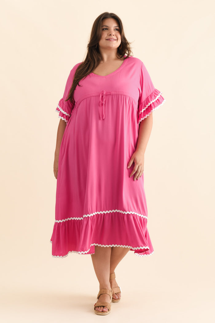 Rosemarie Pink Contrast Frill Dress,Brunette model,alt text|model:Gabby