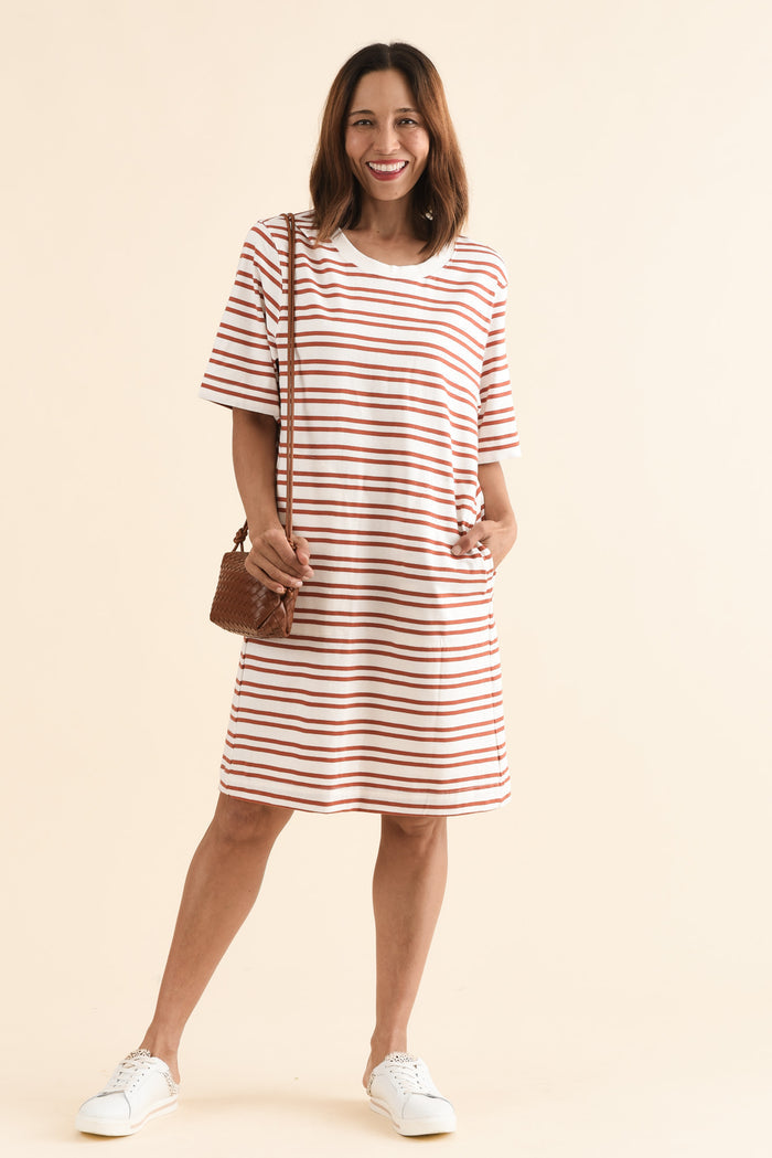 Rouge Tan Stripe Cotton Tee Dress,Front,Brunette model,alt text|model:Cara