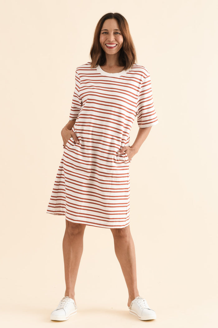 Rouge Tan Stripe Cotton Tee Dress,Full Body,Brunette model,alt text|model:Cara