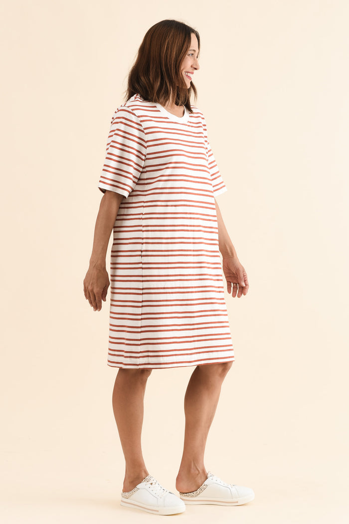 Rouge Tan Stripe Cotton Tee Dress,Side,Brunette model,alt text|model:Cara