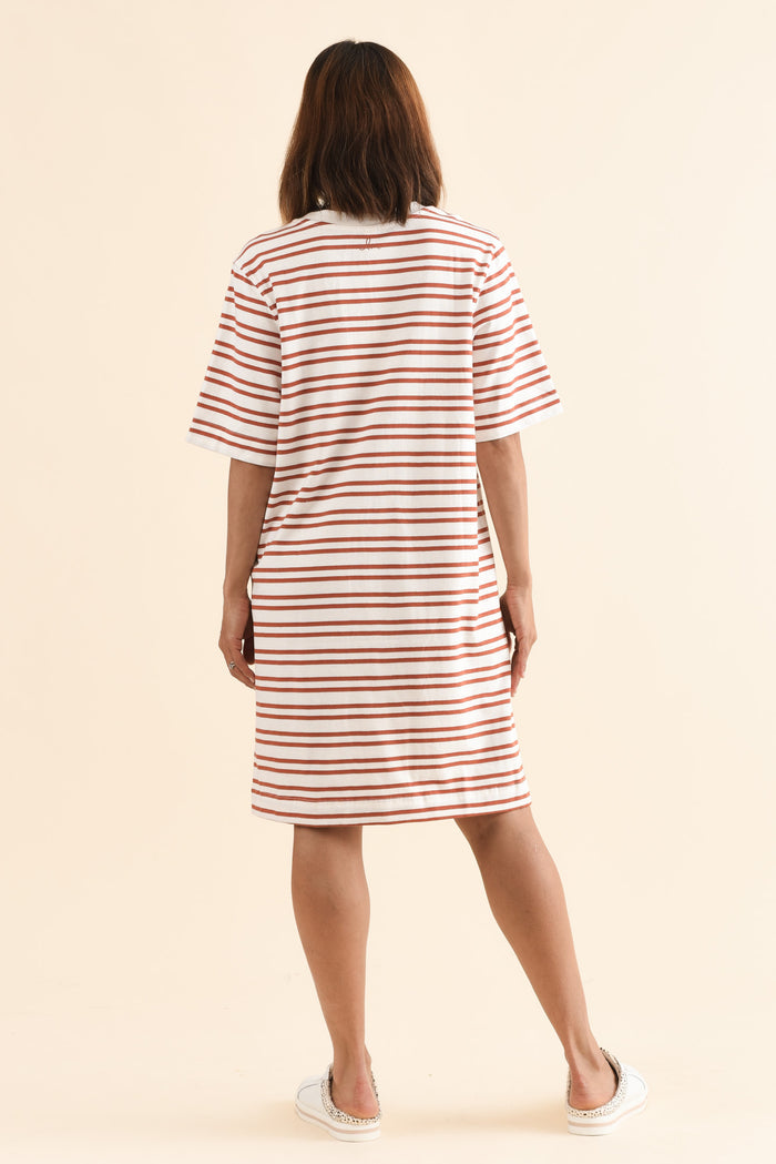 Rouge Tan Stripe Cotton Tee Dress,Back,Brunette model,alt text|model:Cara