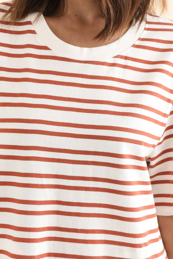 Rouge Tan Stripe Cotton Tee Dress,Detail,Brunette model,alt text|model:Cara
