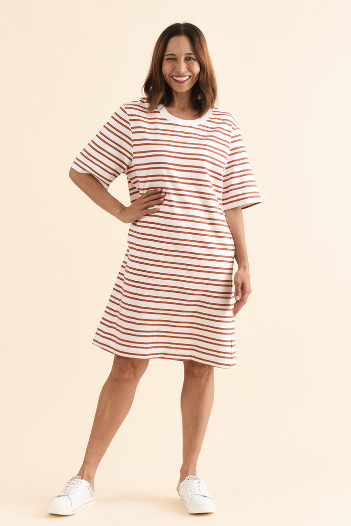 Rouge Tan Stripe Cotton Tee Dress,Full Body,Brunette model,alt text|model:Cara