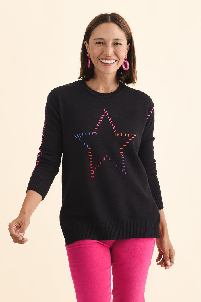 Rowley Black Star Knit Jumper,Brunette model,alt text|model:Cara