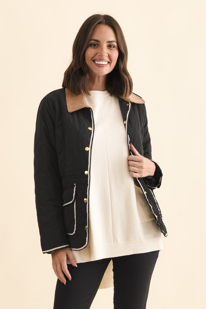 Ryan Black Quilted Jacket,Brunette model,alt text|model:MJ