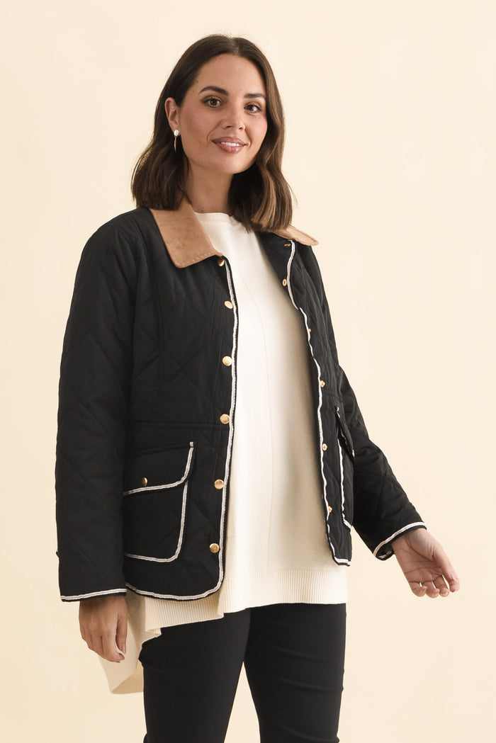 Ryan Black Quilted Jacket,Brunette model,alt text|model:MJ