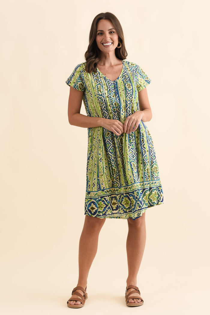 Sabina Blue Abstract Crinkle Cotton Dress,Brunette model,alt text|model:MJ