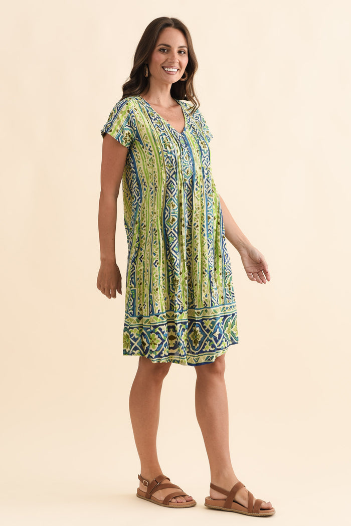 Sabina Blue Abstract Crinkle Cotton Dress,Brunette model,alt text|model:MJ