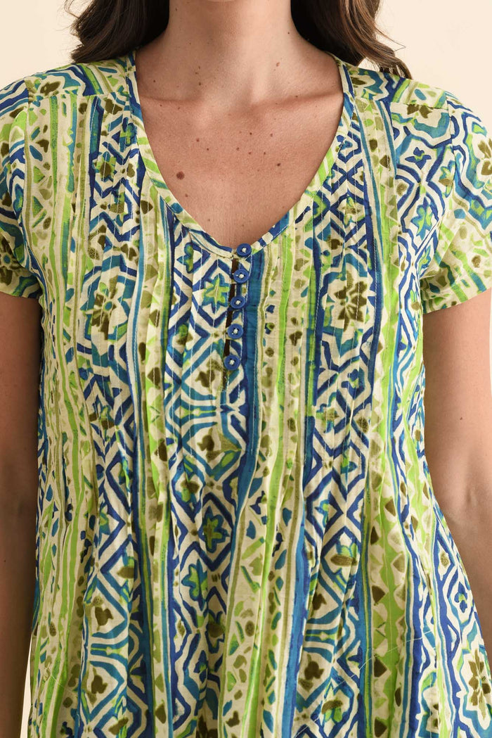 Sabina Blue Abstract Crinkle Cotton Dress,Brunette model,alt text|model:MJ