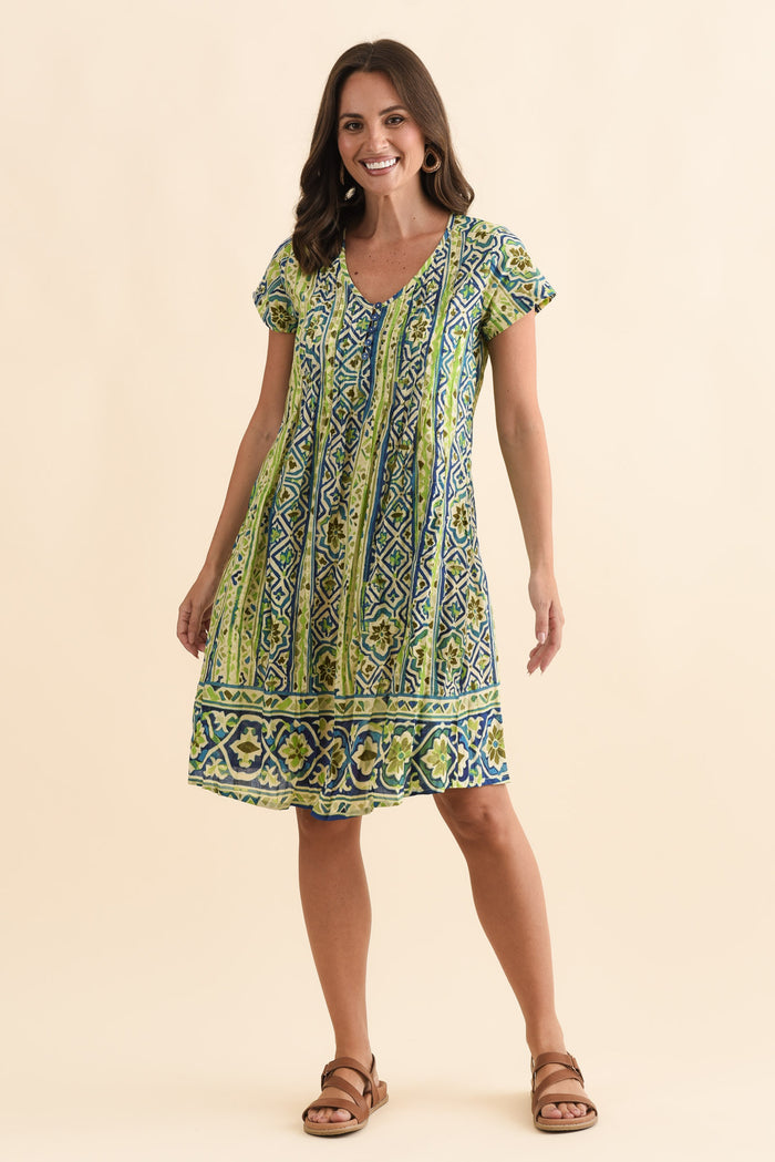 Sabina Blue Abstract Crinkle Cotton Dress,Brunette model,alt text|model:MJ