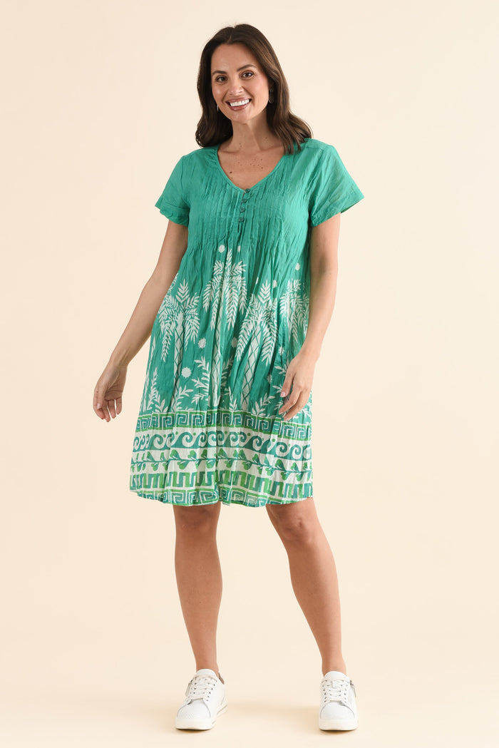 Sabina Green Beach Crinkle Cotton Dress,Front,Brunette model,alt text|model:MJ