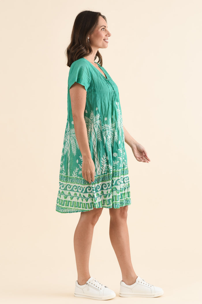 Sabina Green Beach Crinkle Cotton Dress,Side,Brunette model,alt text|model:MJ