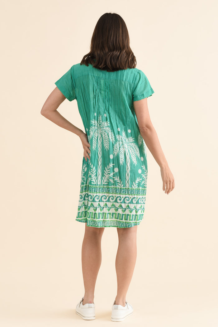 Sabina Green Beach Crinkle Cotton Dress,Back,Brunette model,alt text|model:MJ
