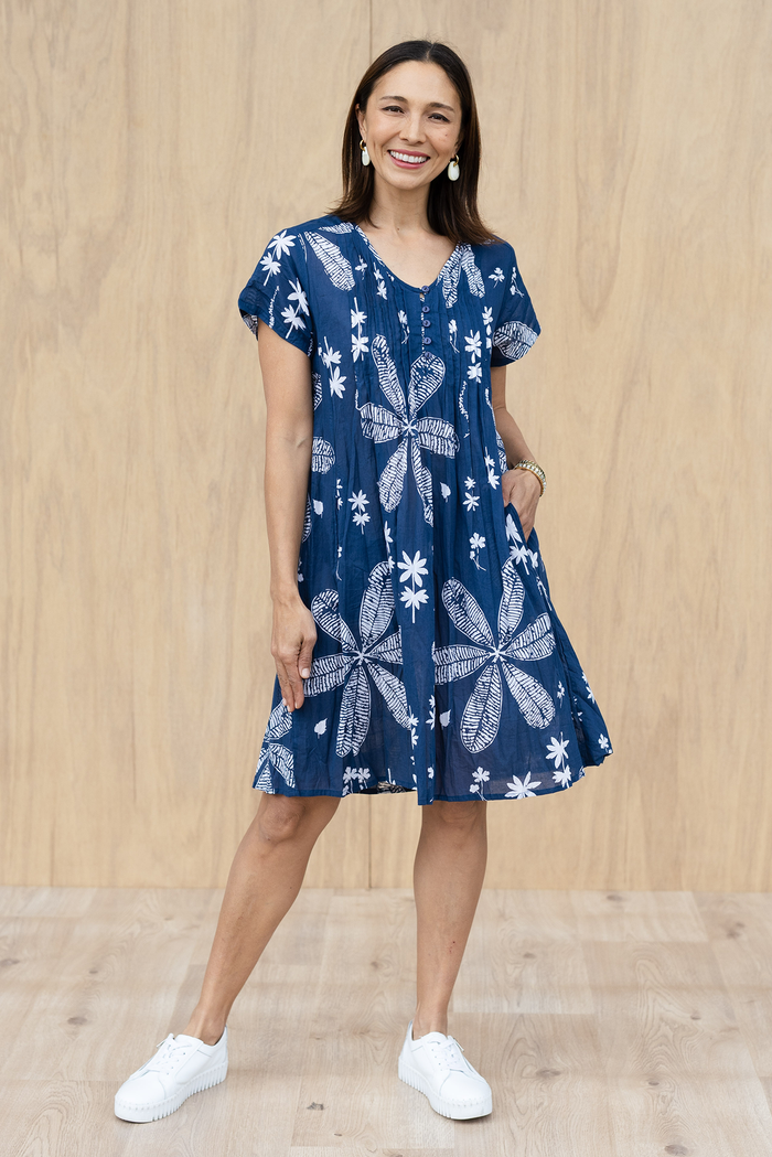 Sabina Navy Flower Crinkle Cotton Dress,Front,Brunette model,Lifestyle