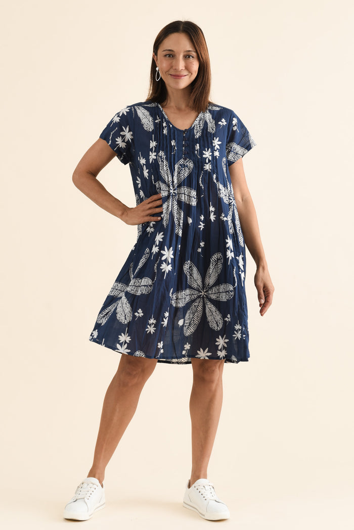 Sabina Navy Flower Crinkle Cotton Dress,Front,Brunette model,alt text|model:Cara