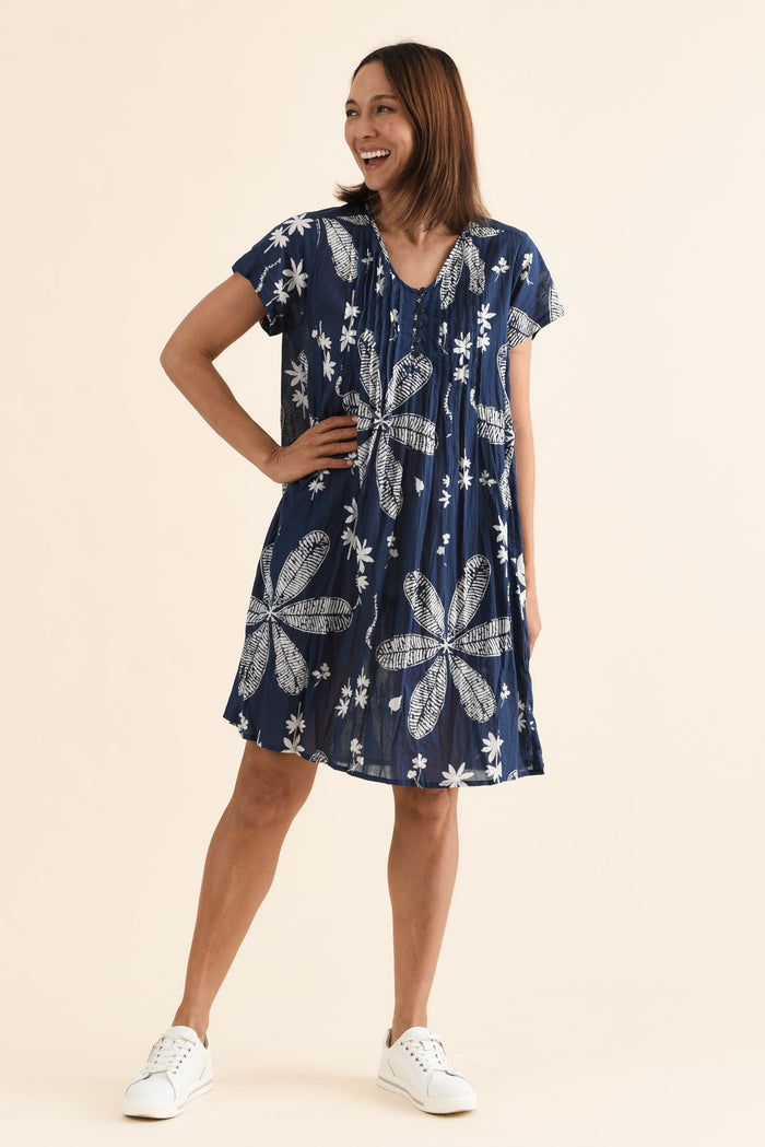 Sabina Navy Flower Crinkle Cotton Dress,Full Body,Brunette model,alt text|model:Cara