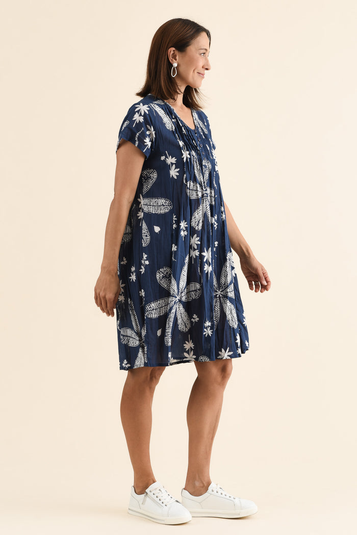 Sabina Navy Flower Crinkle Cotton Dress,Side,Brunette model,alt text|model:Cara