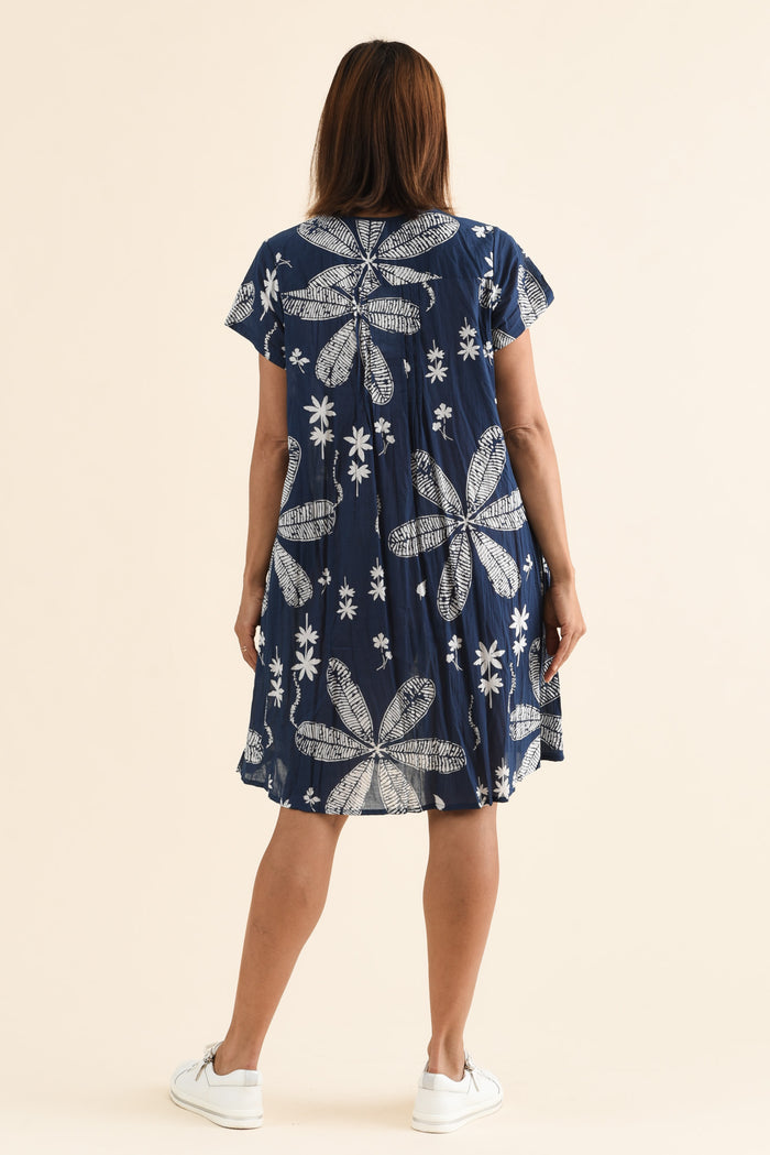 Sabina Navy Flower Crinkle Cotton Dress,Back,Brunette model,alt text|model:Cara