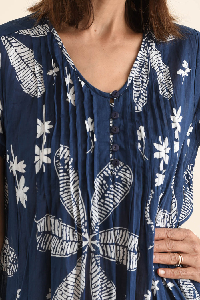 Sabina Navy Flower Crinkle Cotton Dress,Detail,Brunette model,alt text|model:Cara