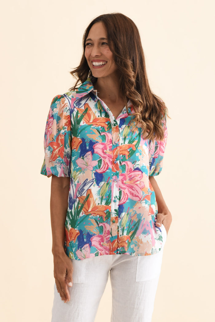Salma Blue Lily Puff Sleeve Shirt,Brunette model,alt text|model:Cara