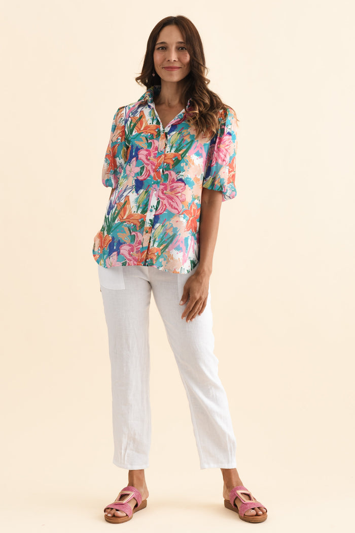 Salma Blue Lily Puff Sleeve Shirt,Brunette model,alt text|model:Cara