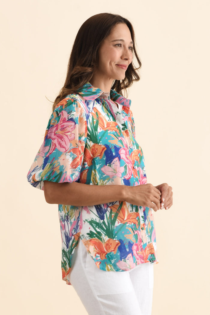 Salma Blue Lily Puff Sleeve Shirt,Brunette model,alt text|model:Cara