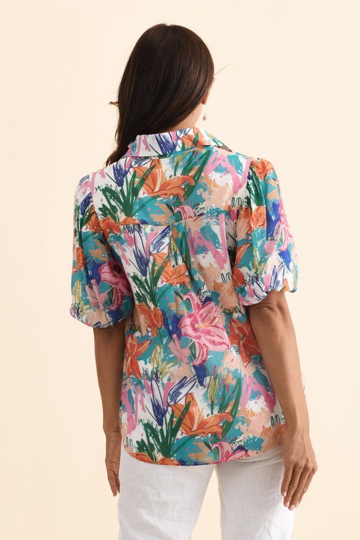 Salma Blue Lily Puff Sleeve Shirt,Brunette model,alt text|model:Cara