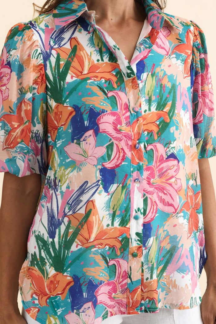 Salma Blue Lily Puff Sleeve Shirt,Brunette model,alt text|model:Cara