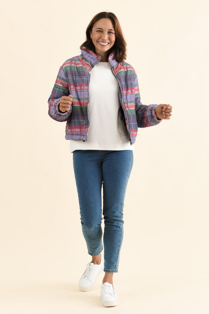 Samwise Blue Check Corduroy Jacket,Full Body,Brunette model,alt text|model:Cara