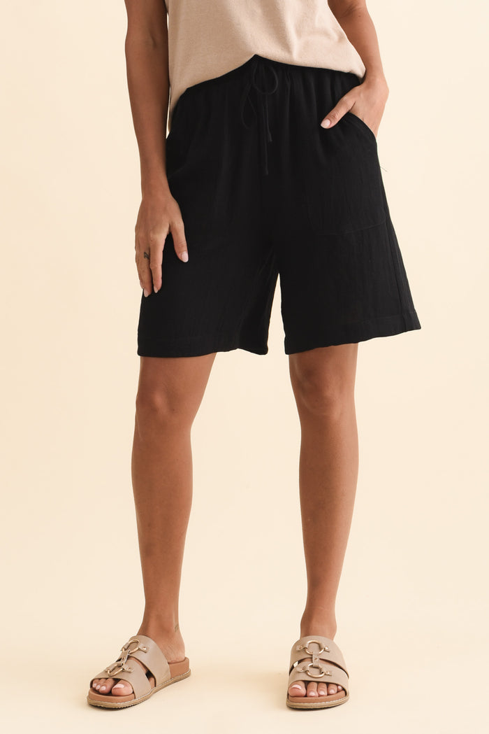 Santi Black Drawstring Shorts,Brunette model,alt text|model:Brontie