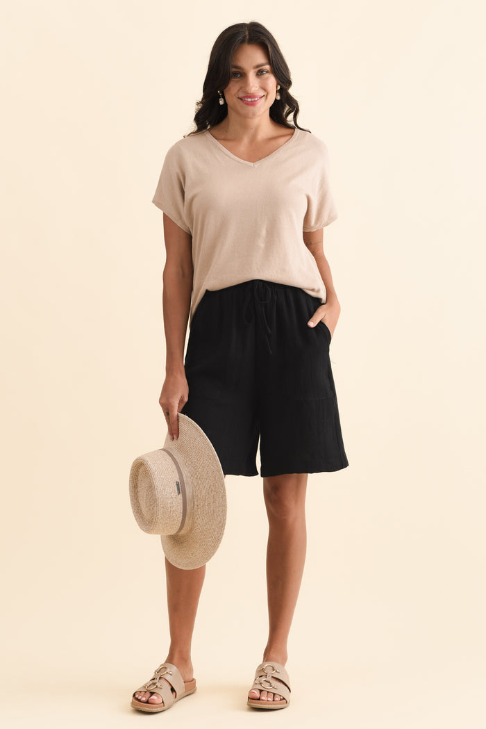 Santi Black Drawstring Shorts,Brunette model,alt text|model:Brontie