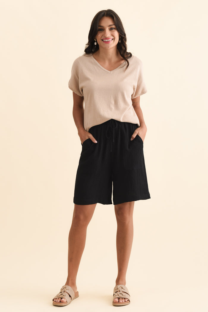 Santi Black Drawstring Shorts,Brunette model,alt text|model:Brontie