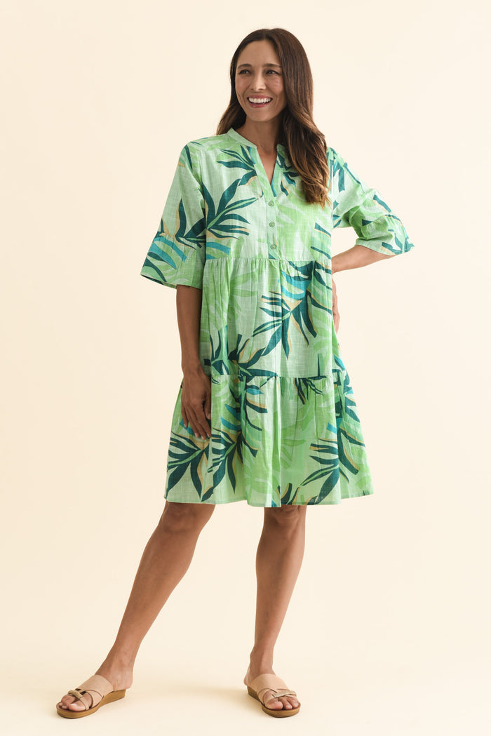 Senna Green Leaf Cotton Dress,Brunette model,alt text|model:Cara